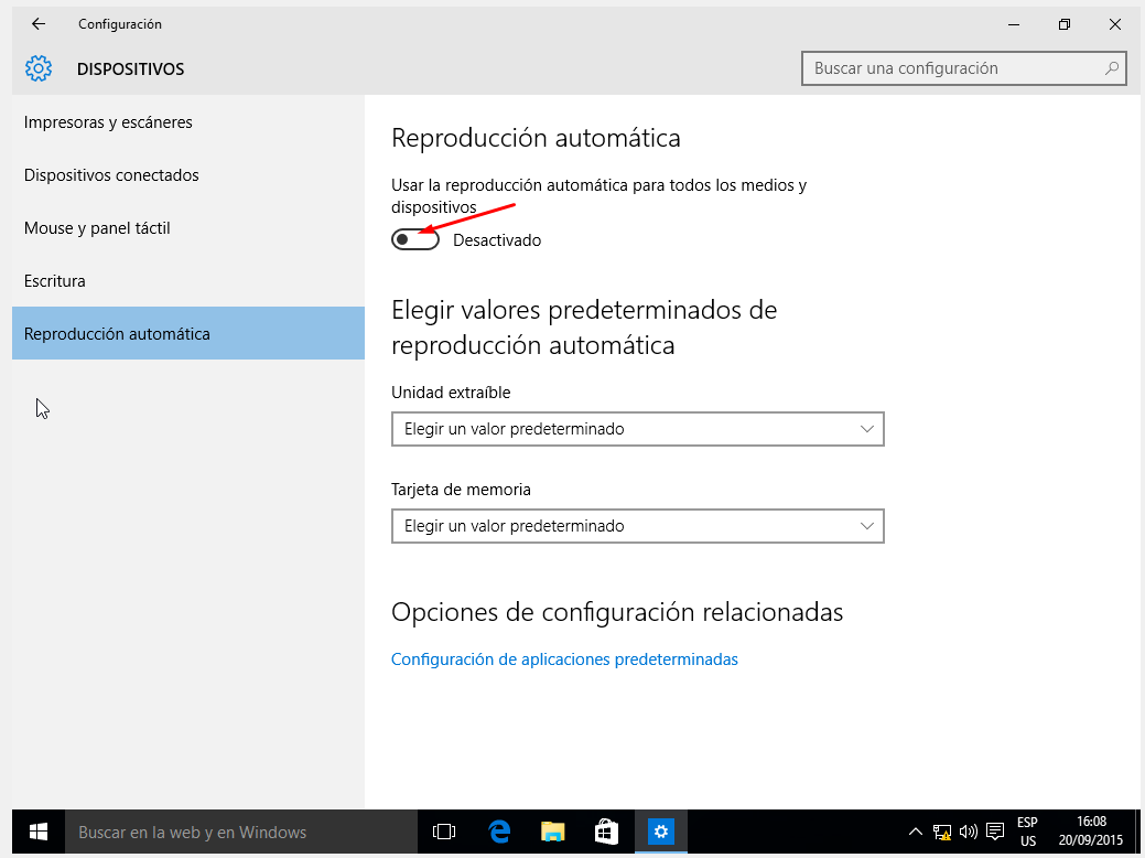 Desactivar reproducción automática en Windows 10